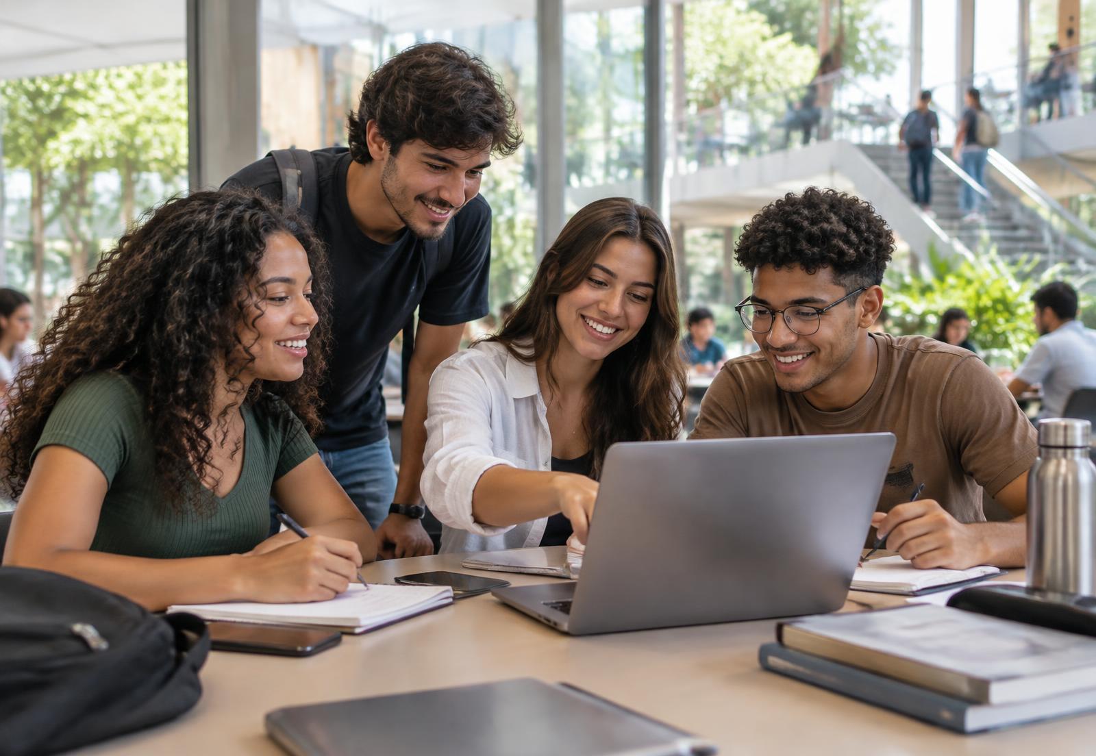 Estudantes da Facesm estudando juntos em um ambiente acadêmico iluminado